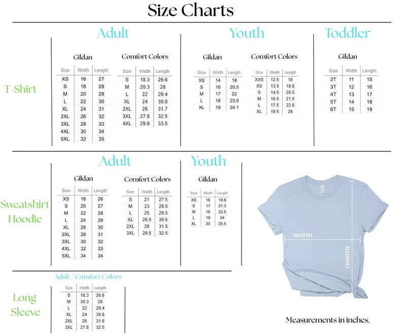 Peut inclure: Un tableau des tailles pour v&ecirc;tements incluant t-shirts, sweat-shirts, sweats &agrave; capuche et manches longues. Il affiche les mesures de largeur et de longueur en pouces pour les tailles adulte, jeune et enfant des marques Gildan et Comfort Colors.