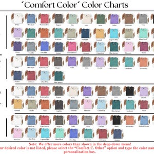 Peut inclure: Un nuancier Comfort Color pr&eacute;sentant diverses teintes de tissu pour t-shirts, sweat-shirts, manches longues pour adultes et t-shirts pour jeunes. La grille affiche des &eacute;chantillons de couleurs &eacute;tiquet&eacute;s, incluant des tons blancs, bleus, rouges, verts et gris.