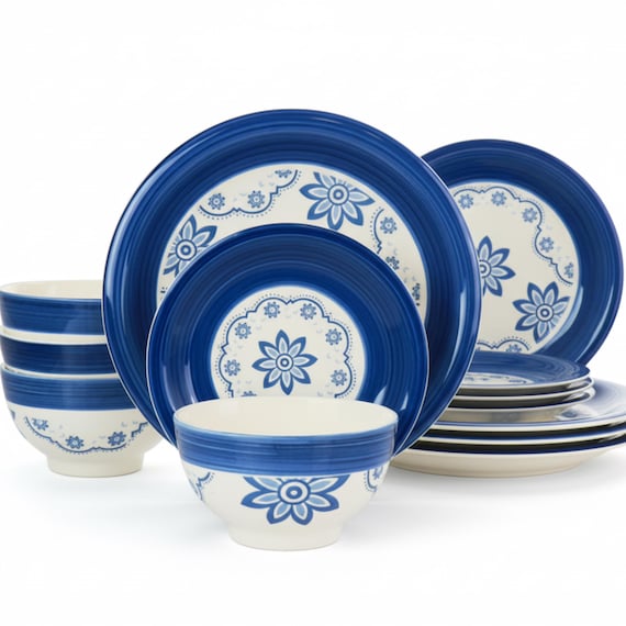 Blue Floral Ceramic Dinnerware Set – 12-Piece Vintage-Inspired Plates & Bowls