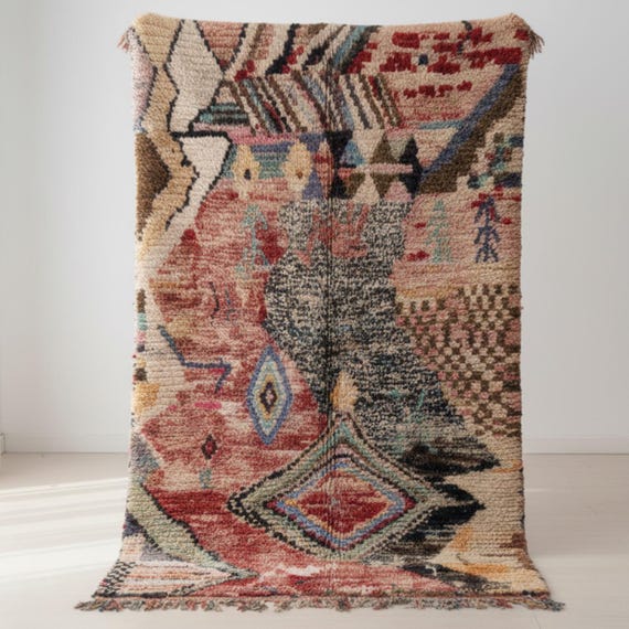 Colorful Boujad Rug, Handwoven Moroccan Wool Carpet, Abstract Design