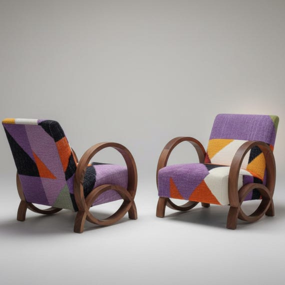 Handmade Moroccan Lounge Chairs | Art Deco Berber Wool Accent Seating (Set of 2)