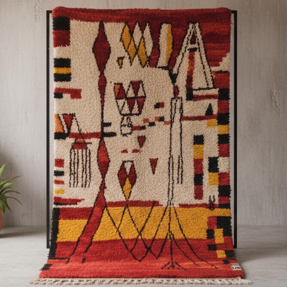 Colorful Moroccan Boujad Rug, Handmade Wool Carpet, Abstract Design