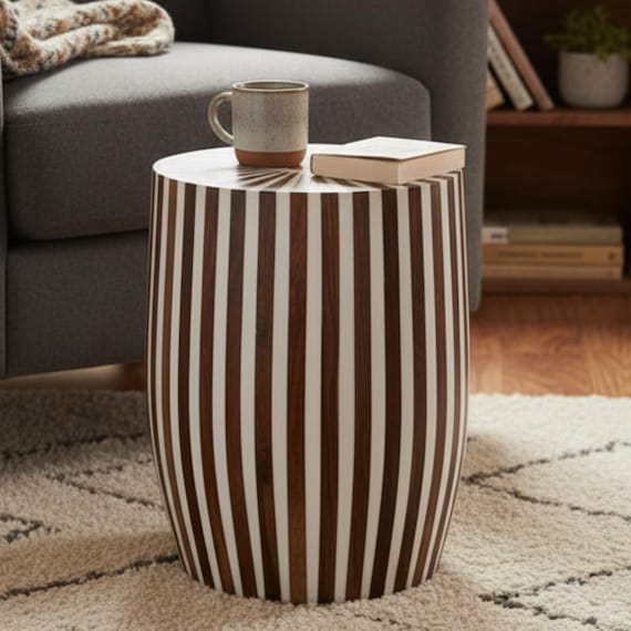 Handmade Moroccan Inlay Side Table: Wood & Resin Accent Stool