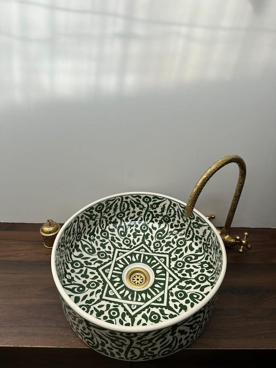 Handcrafted Moroccan Ceramic Sink with Brass Faucet – green & White Traditional Bathroom Basin 35 Cm