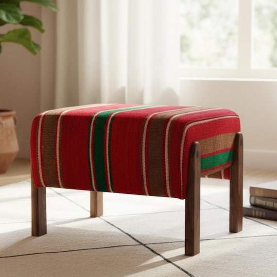 Handcrafted Moroccan Footstool – Vintage Red Striped Ottoman, Walnut Wood