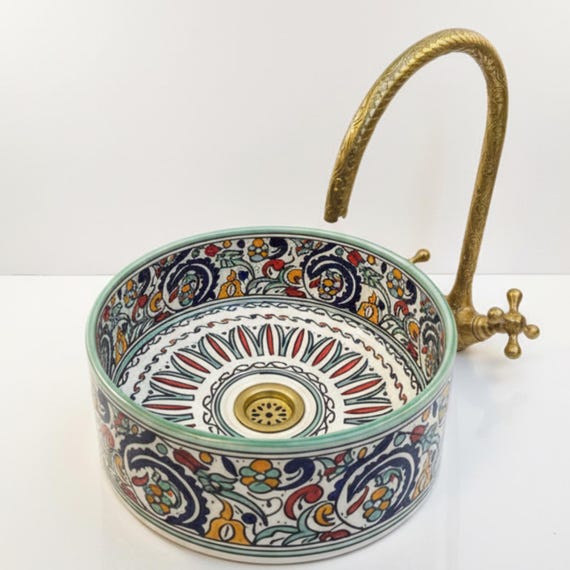 Moroccan Multicolor Hand-Painted Ceramic Sink with Brass Faucet – Traditional Berber Design 30 Cm