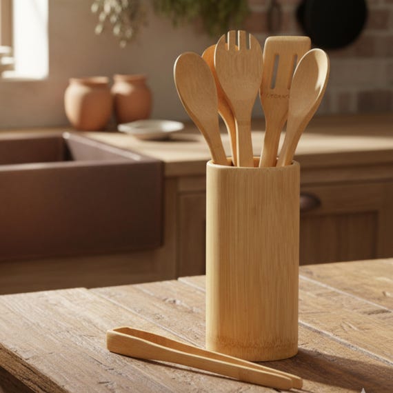 8-Piece Bamboo Kitchen Utensils Set – Eco-Friendly Wooden Cooking Tools