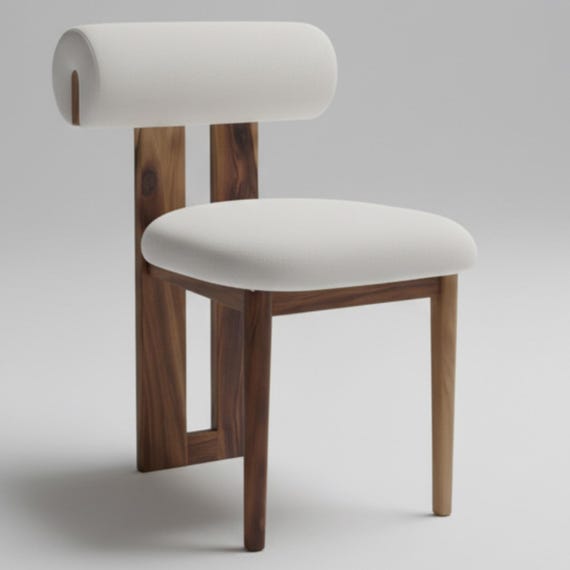 Handcrafted Walnut Wood Chair with White Upholstery – Modern Moroccan Design
