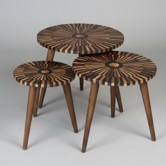 Set of 3 Handmade Walnut Wood Tables – Moroccan Artisan Craft