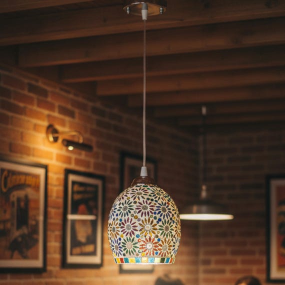 Mosaic Glass Pendant Light – Handmade Hanging Ceiling Lamp for Boho, Moroccan, or Modern Decor