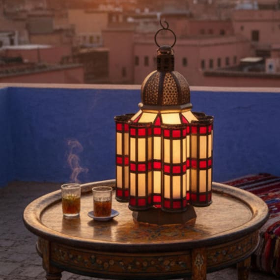 Handcrafted Moroccan Stained Glass Lantern – Marrakech Hanging Lamp with Red & White Panels