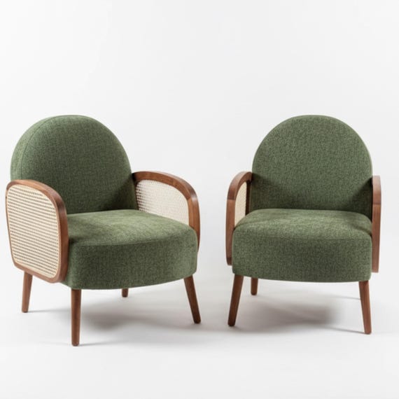 Handmade Moroccan Mid-Century Modern Cane Armchair | Moroccan Rattan and Wood Accent Chair | Artisanal Marrakech Design X2