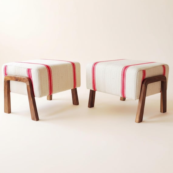 Handcrafted Red Striped Ottoman – Walnut Wood Footstool, Boho Accent