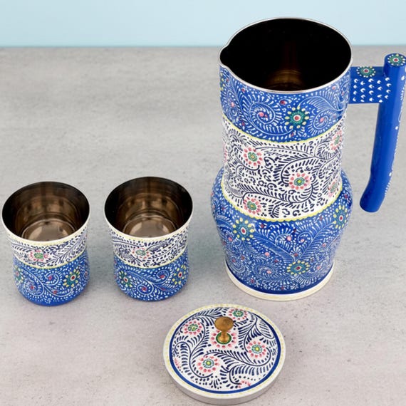 Moroccan Hand-Painted French Press Coffee Set with 2 Cups – Blue Floral Metal Coffee Maker