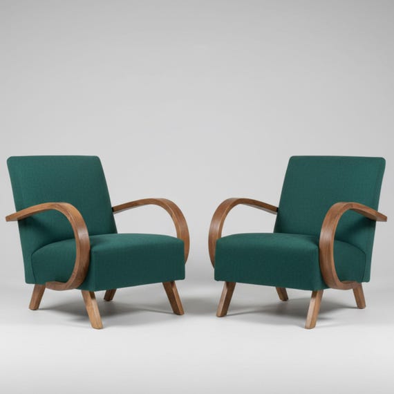 Handmade Moroccan Cowhide & Walnut Armchairs – Mid-Century Modern Pair X2