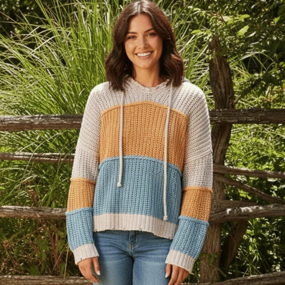 Chunky Knit Hoodie with Moroccan Flair | Color Block Sweater