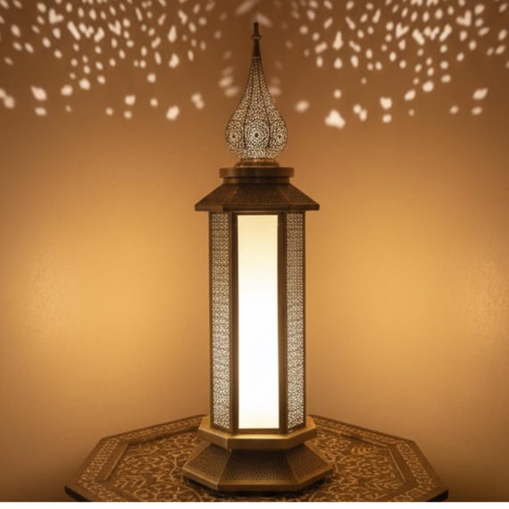 Moroccan Tall Lantern Lamp – Handmade Brass & Frosted Glass Light – Oriental Table Decor from Marrakech