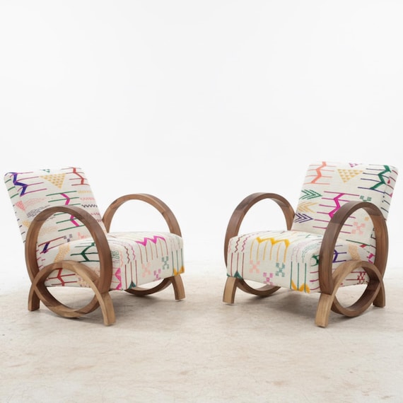 Mid-Century Moroccan Berber Chair, Colorful Kilim Accent Chair, Unique Wooden Armchair, Boho Statement Furniture