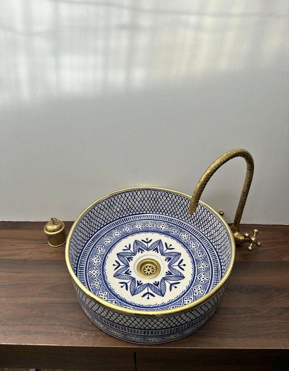 Handcrafted Moroccan Ceramic Sink with Brass Faucet – Blue & White Traditional Bathroom Basin 40 cm