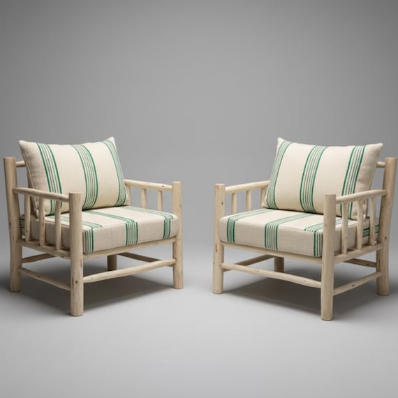 Handcrafted Moroccan Armchairs – Rustic Berber Lounge Chairs with Green Stripes "X2"