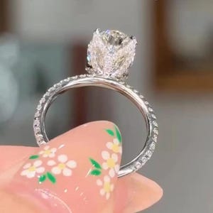 Tulip Set 3 CT Oval Cut Moissanite Engagement Ring Hidden Halo Ring 14K White Gold Solitaire Ring Wedding Ring Anniversary Ring For Women