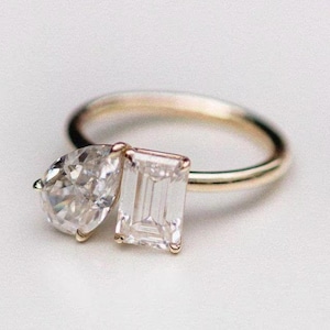 Toi Et Moi Pear And Emerald Cut Moissanite Ring 5 TCW Two Stone Engagement Ring 14K Solid Gold You And Me Wedding Ring Anniversary Ring