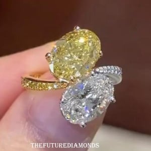 Yellow And Colourless Toi Et Moi 4 TCW Oval Cut Moissanite Engagement Ring 14K Gold Wedding Ring You And Me Ring Anniversary Ring For Women