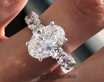 Anello con diamante moissanite taglio ovale da 3 carati, anello di fidanzamento con alone nascosto, anello di nozze in oro massiccio 14 carati, anello di anniversario per donna, anello di proposta