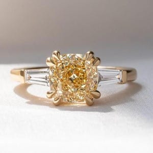 Canary Yellow 1 CT Cushion Cut Engagement Ring Three Stone Moissanite Ring Double Claw Prong 14K Gold Wedding Ring Past Present Future Ring