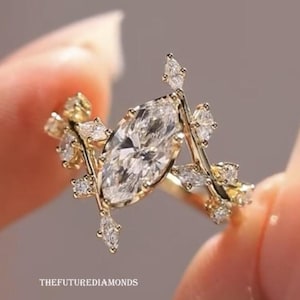 Floral Style 1.5 CT Marquise Cut Moissanite Engagement Rings Vintage Art Deco 14K Gold Wedding Rings Nature Inspired Ring Anniversary Ring