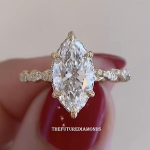 Anillo de compromiso con tulipán de moissanita de talla marquesa de 2,5 quilates, banda trenzada con halo oculto, anillo de bodas de oro de 14 quilates, anillo de aniversario para ella.