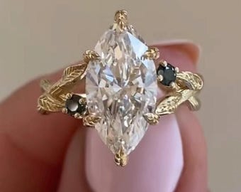 Vintage 3CT Marquise Moissanite Engagement Ring, 14K Gold Nature Inspired Ring, Art Deco Wedding Ring, Anniversary Ring, Proposal Ring