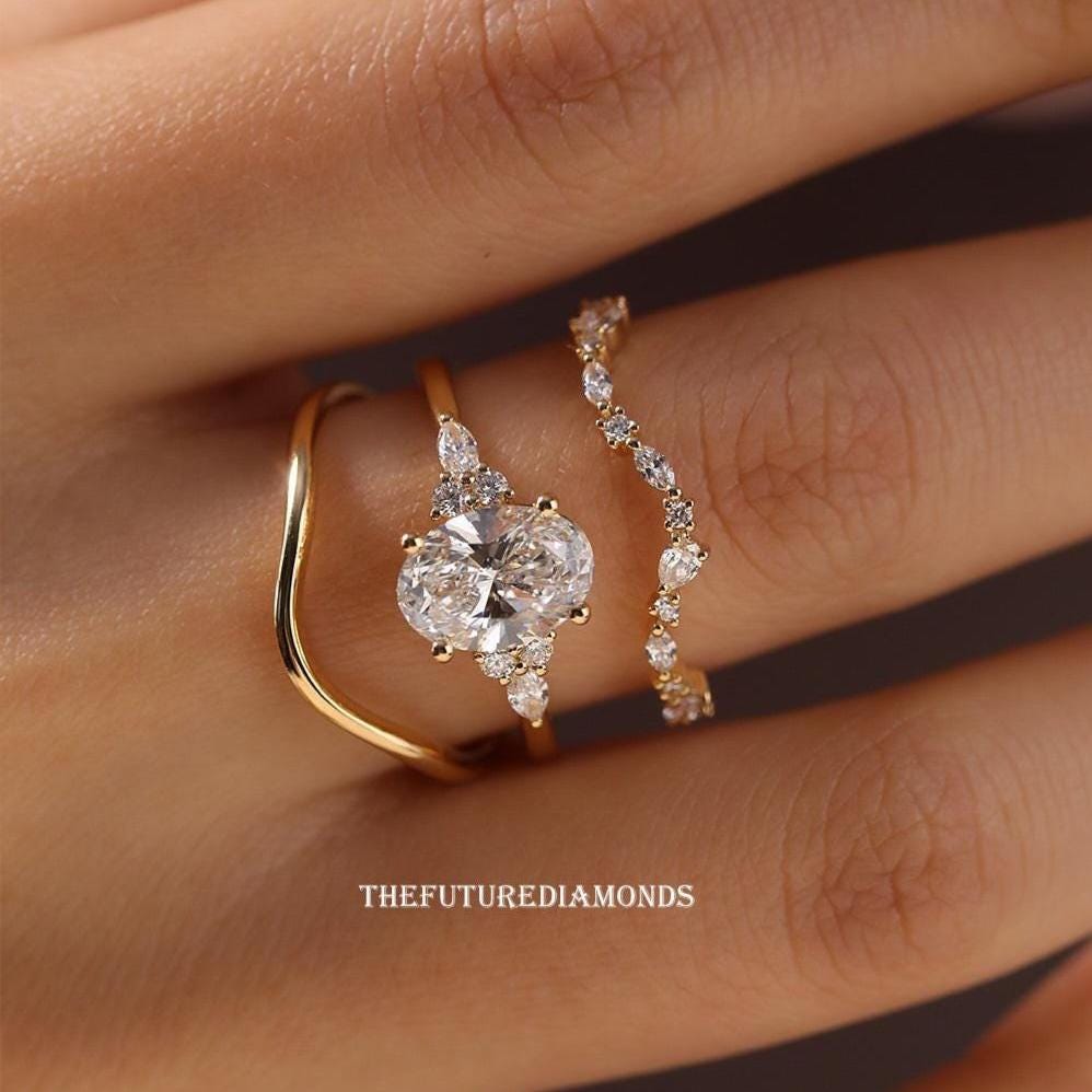 3CT Oval Cut Moissanite Engagement Ring Set, Oval Bridal Set, 14K Gold ...