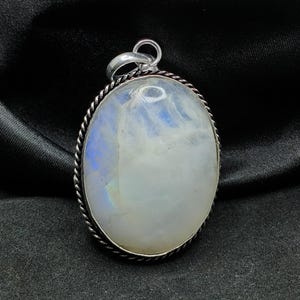 Rainbow Moonstone Pendant - Solid Silver Pendant - Oval Blue Flashy Moonstone - Gemstone Pendant Necklace - Handmade Pendant - Gift For Her