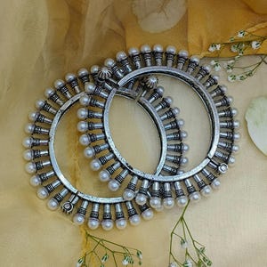 Silver Oxidized Kada Bangle - Silver Pearl Bangle - Indian Jewelry - Ethnic Bangle - women Bangle - Traditional Bangle -Screw Bangle For Her