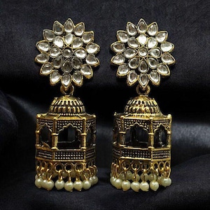 Gold Plated Jhumka Earrings - Golden Floral Jhumki - White Zircon Jhumkas - Beaded Jhumka - Indian Jewelry - Ethnic Jhumka - Gift For Her