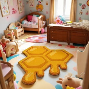 Könnte beinhalten: Ein Kinderzimmer mit einem wabenförmigen Teppich in Gelb- und Brauntönen. Der Raum verfügt über Holzmöbel, darunter ein Kinderbett und ein Bett, und ist mit farbenfrohen Wandbildern und Aufklebern dekoriert. Kuscheltiere sind im Raum verstreut.