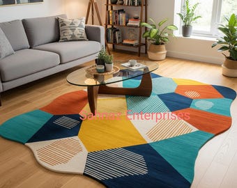 Hand Tufted Abstract Area Rug, Modern Geometric Irregular Shape Wool Carpet, Colorful Designer Rug for Living Room Bedroom