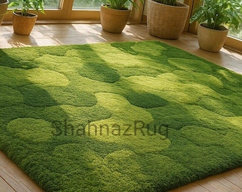 Hand Tufted Green Moss Rug, 3D Pebble Texture Carpet, Modern Abstract Area Rug, Soft Plush Floor Decor for Living Room Bedroom