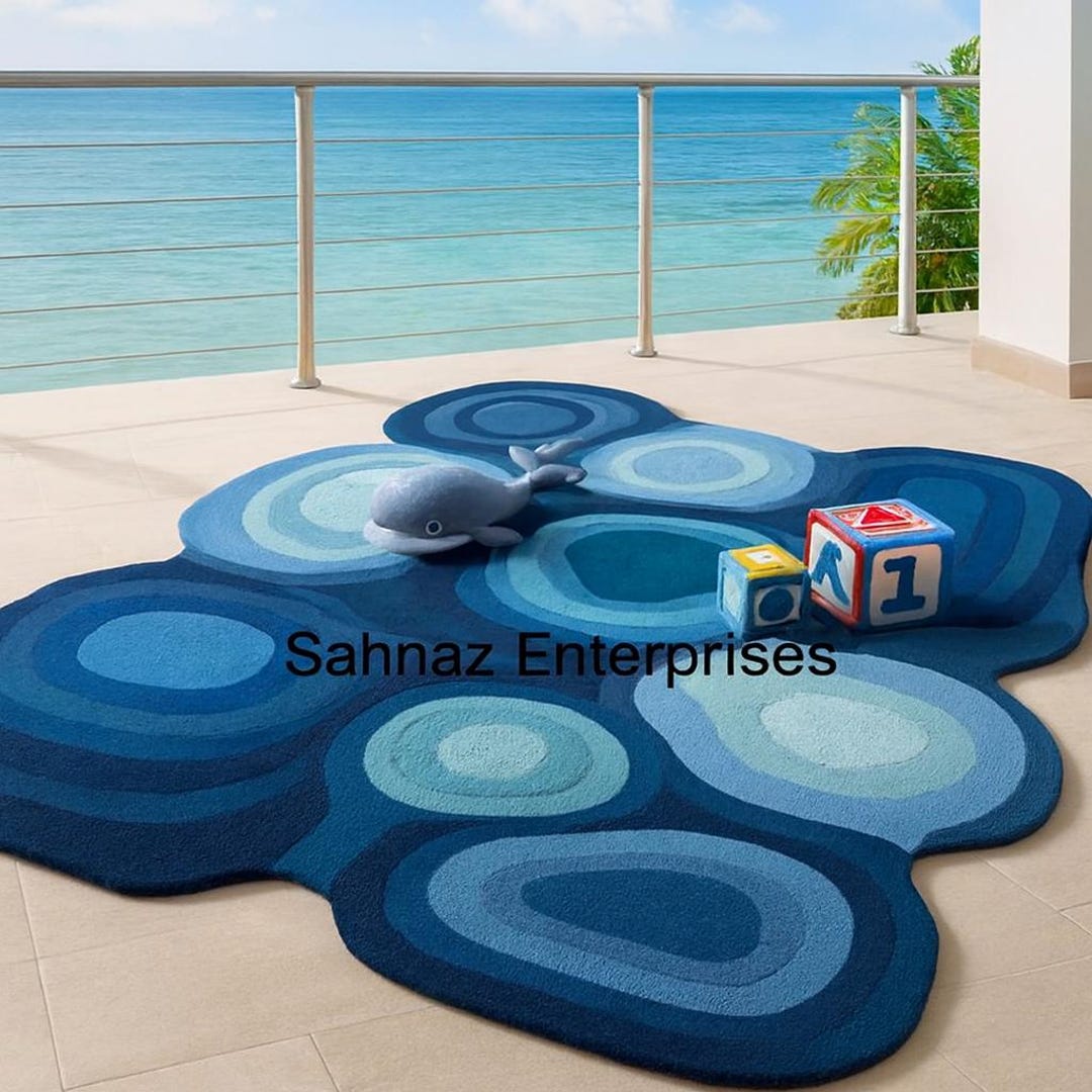 Hand Tufted Blue Abstract Kids Rug | Ocean Bubble Shape Wool Carpet ...