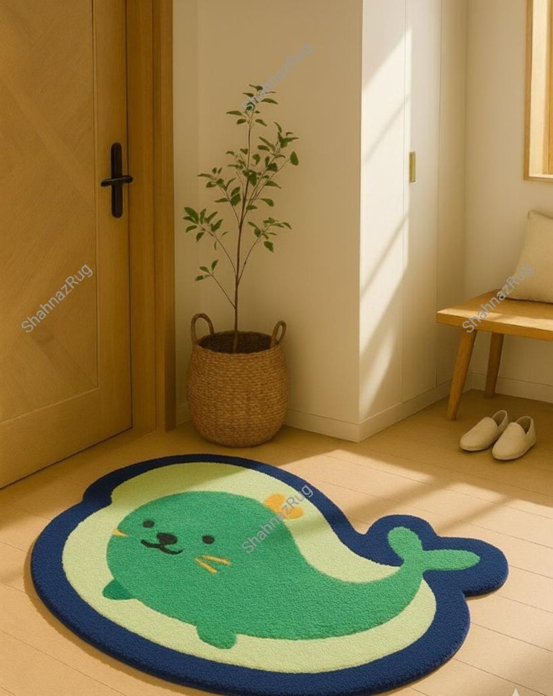 Cute Whale Shaped Rug Handmade Tufted Animal Carpet Green Bule Ocent ...