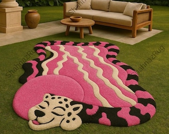 Cute Pink Tiger Rug – Irregular Shaped Tufted Carpet for Kids Bedroom, Playroom or Nursery Decor