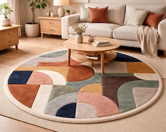 Hand Tufted Wool Round Rug, Abstract Geometric Area Rug, Modern Circular Carpet, Living Room Bedroom Decor