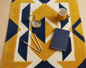 Hand Tufted Geometric Area Rug – Modern Blue Yellow Abstract Carpet for Living & Dining Room Decor