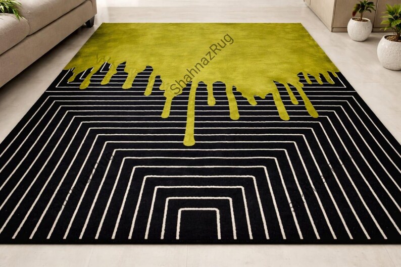 Dripping Rug Modern Green Drip Abstract Area Rug | Handmade Tufted Wool Carpet ...