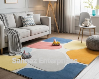 Colorful Abstract Kids Area Rug – Modern Geometric Playroom Carpet – Soft Tufted Nursery & Living Room Floor Rug – Contemporary Multi Color