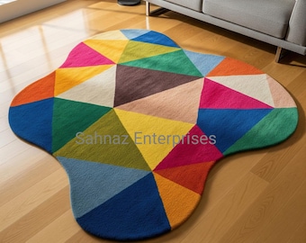 Colorful Geometric Irregular Rug, Hand Tufted Wool Area Rug, Modern Abstract Shape Carpet, Designer Floor Rug for Living Room Bedroom