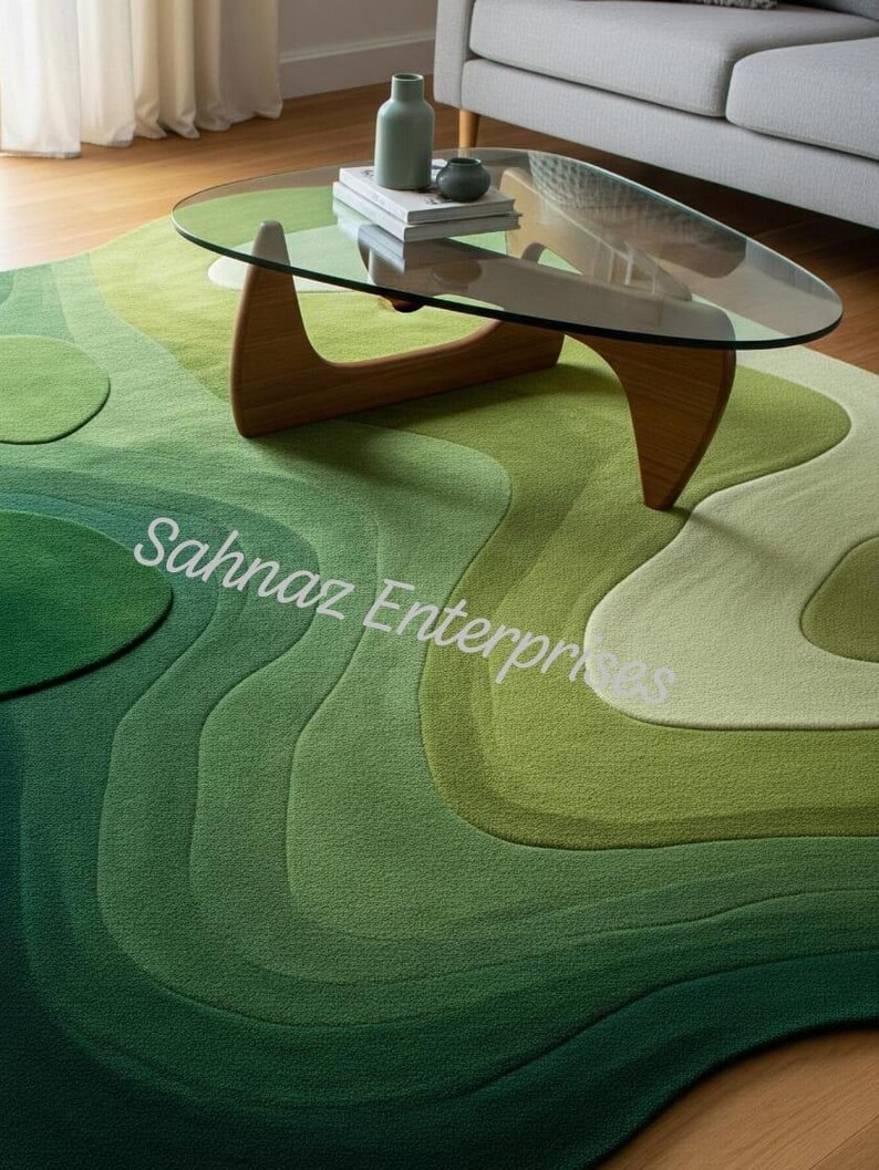 Topographical Rug Irregular Shape and a Gradient of Lush Green Modern ...