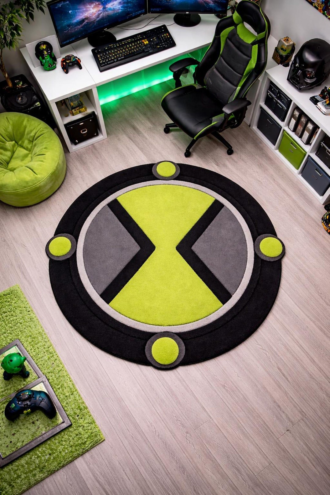 Ben 10 Inspired Round Rug – Green Black Gaming Room Carpet – Cartoon ...