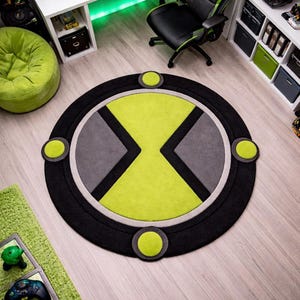 Ben 10 Inspired Round Rug – Green Black Gaming Room Carpet – Cartoon Symbol Area Rug – Kids Bedroom Decor – Handmade Tufted Floor Mat